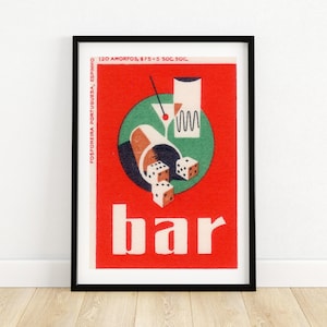 Impresión de etiqueta de caja de cerillas Art Déco / Decoración de bar vintage / Póster coleccionable portugués / Arte mural moderno de mediados de siglo / Idea de regalo única A4