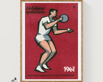 Bordtennisspelare Matchbox konsttryck, litauisk vintagekonstruktivist (kontorsinredning)