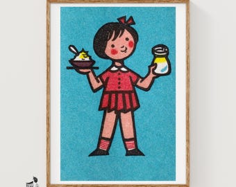 Girl Holding Food Matchbox Art Print, Czechoslovakian Vintage Folk Art (Kitchen Decor)