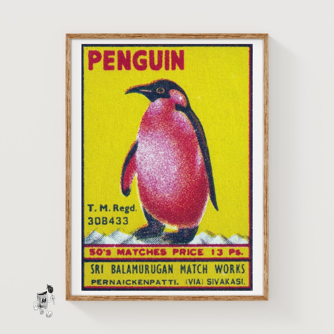 ペンギンのマッチ箱アートプリント、インドのヴィンテージフォーク