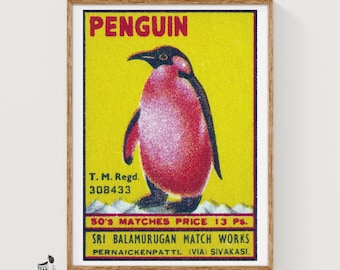 Penguin Matchbox Art Print, Indian Vintage Folk Art (Playful Decor)