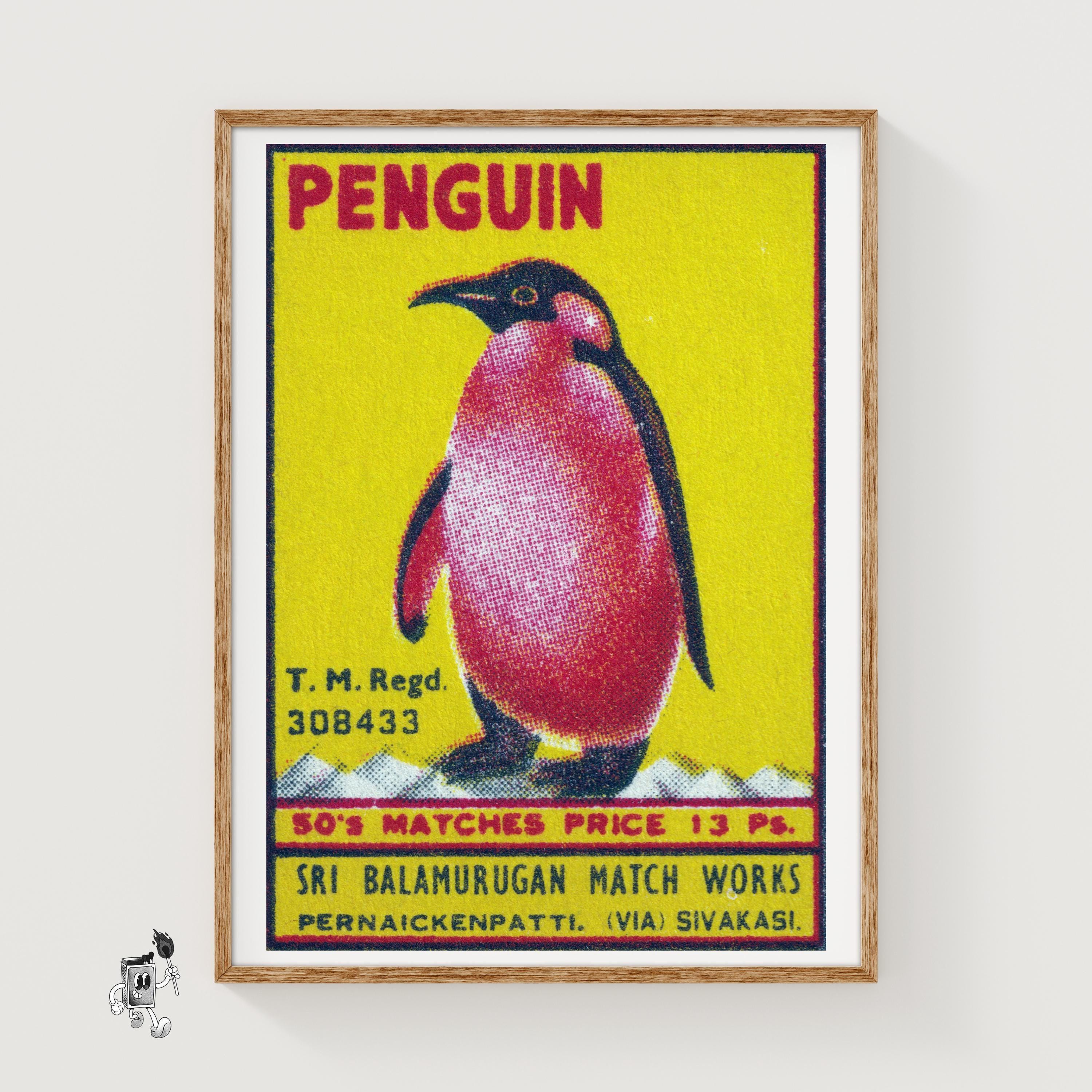 ペンギンのマッチ箱アートプリント、インドのヴィンテージフォーク