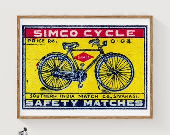 Bicycle Matchbox Art Print, Czechoslovakian Vintage Folk Art (Nostalgic Decor)