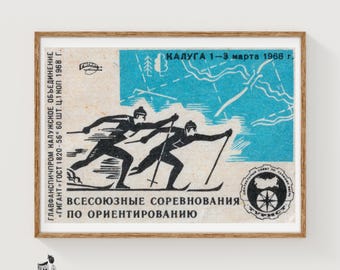 Skicompetitie - luciferafdruk - esthetische muurkunst - vintage Oost-Europese kunst - luciferdoosje muurposter - vintage posterafdruk