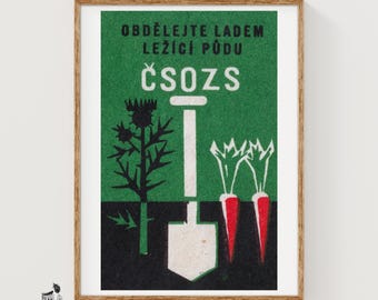 Illustration Of A Shovel, Thistle, Czechoslovakia Mid-Century Matchbox Label - Vintage Art Print | Constructivist