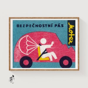 Pink Car with Parachute - Vintage Czech Matchbox Label Print