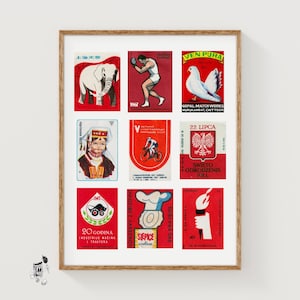 Red and White Matchbox Labels Grid Print, Vintage Poster, International Collection, Midcentury Style, crimson wall art