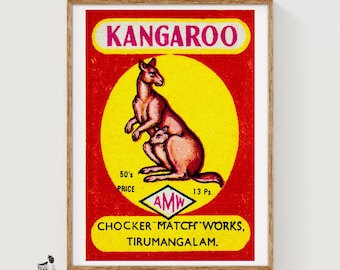 Kangaroo with Joey Matchbox Art Print, Indian Vintage Folk Art (Wildlife Decor)
