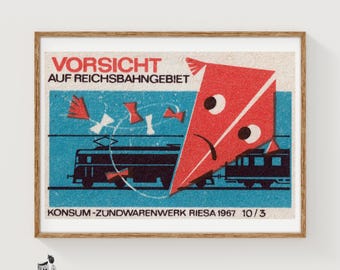 Kite Over Train Tracks Matchbox Art Print, German Vintage Modernist (Industrial Decor)