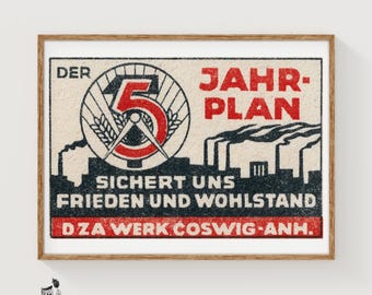 5 Year Plan Matchbox Art Print, German Vintage Propaganda (Industrial Decor)