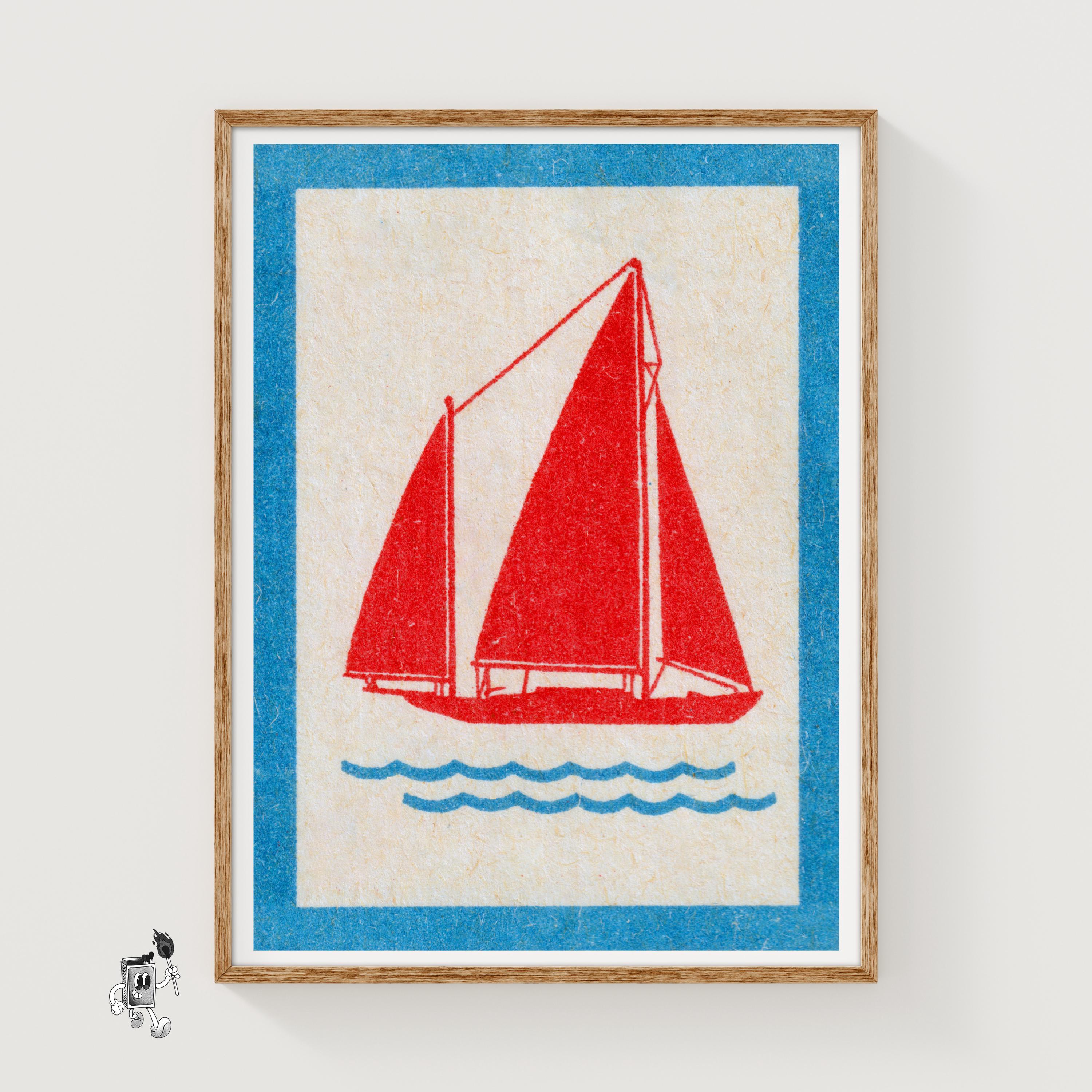 Red Sailboat - Matchbox Print - Aesthetic Wall Art - Vintage Eastern Europe Art - Matchbox Wall Poster - Vintage Poster Print