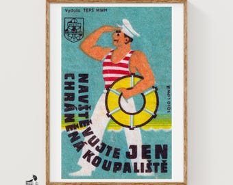 Sailor with Lifebuoy Matchbox Art Print, Czech Vintage Folk Art (Playful Decor)