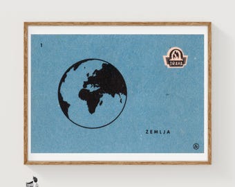 Black Silhouette Of Earth Yugoslavia Mid-Century Matchbox Label - Vintage Art Print