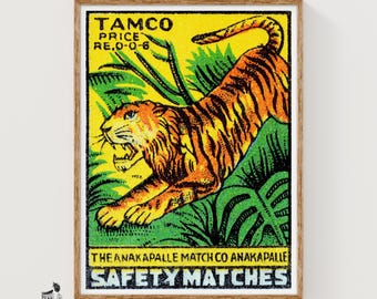 Leaping Tiger Matchbox Art Print, Indian Vintage Folk Art (Playful Decor)