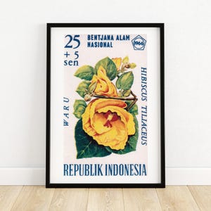 Gelbe Blumen auf Zweig - Indonesien - Briefmarke Druck - Ästhetische Wandkunst - Briefmarke Wandposter - Vintage Poster Druck
