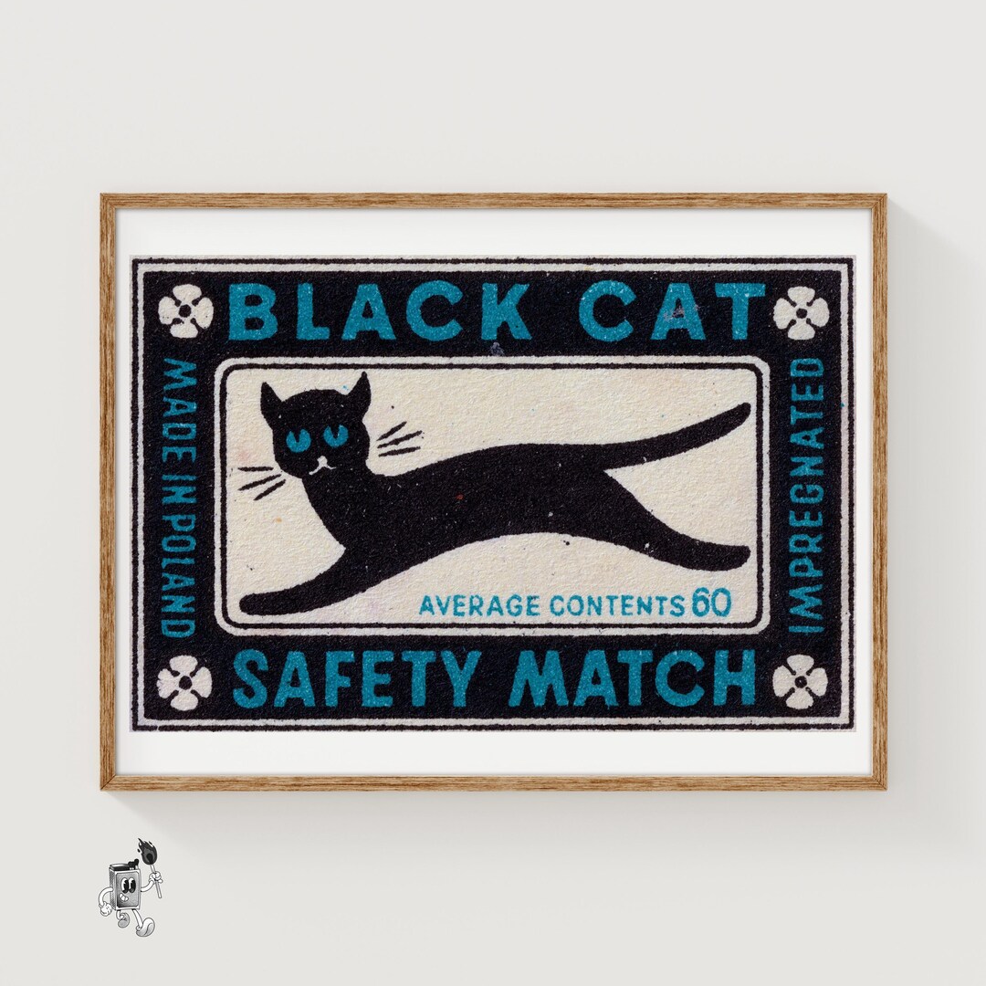Black Cat - Matchbox Print - Czech Wall Art - Vintage Czech Art