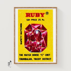 Ruby Gem - Streichholzschachtel Druck - Ästhetische Wandkunst - Vintage India Art - Streichholzschachtel Wandposter - Vintage Poster Druck