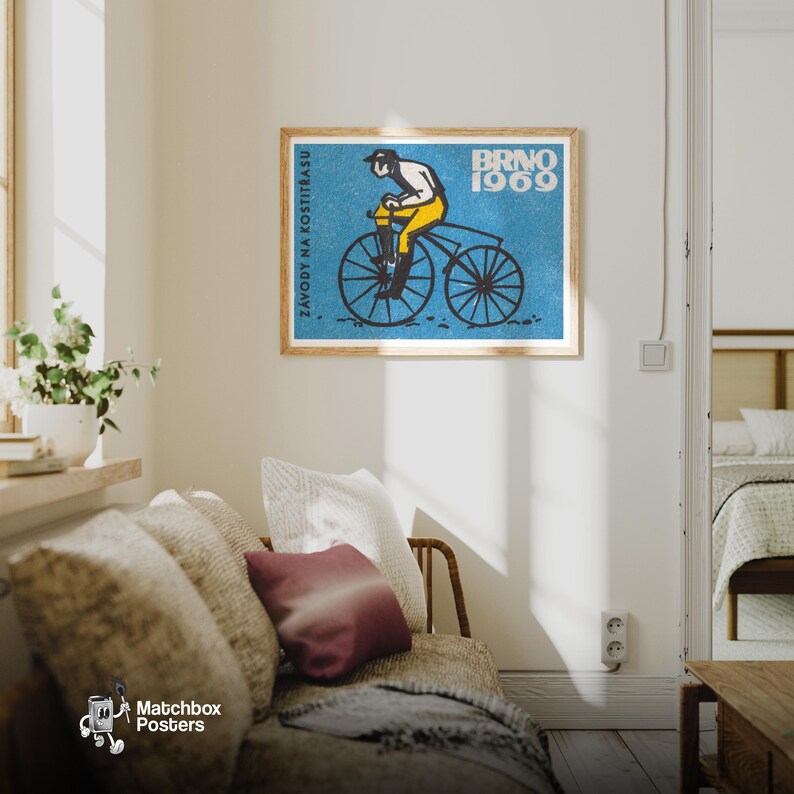 Cyclist on Vintage Bicycle Matchbox Art Print, Czech Vintage Folk Art ...