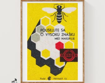 Bee and Honeycomb Matchbox Art Print, Czech Vintage Modernist (Office Decor)