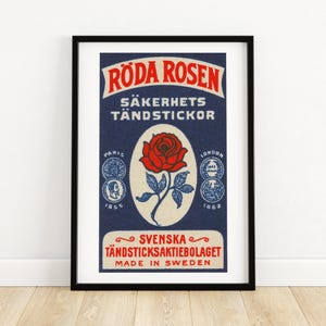 Rosa roja - Impresión de caja de cerillas - Arte mural sueco - Arte vintage sueco - Póster de pared de caja de cerillas - Impresión de póster vintage