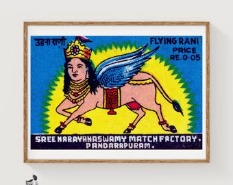 Flying Rani Matchbox Art Print, Indian Vintage Folk Art (Playful Decor)