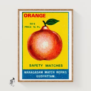 Orange with Leaf Matchbox Art Print, Indian Vintage Folk Art (Kitchen Decor) image 1