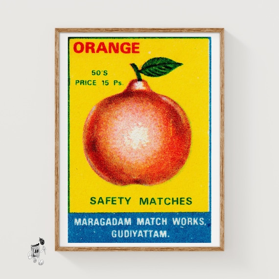 Orange with Leaf Matchbox Art Print, Indian Vintage Folk Art (Kitchen Decor)