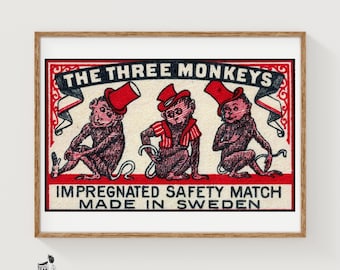 Three Monkeys Matchbox Art Print, Zweedse vintage volkskunst (speels decor)