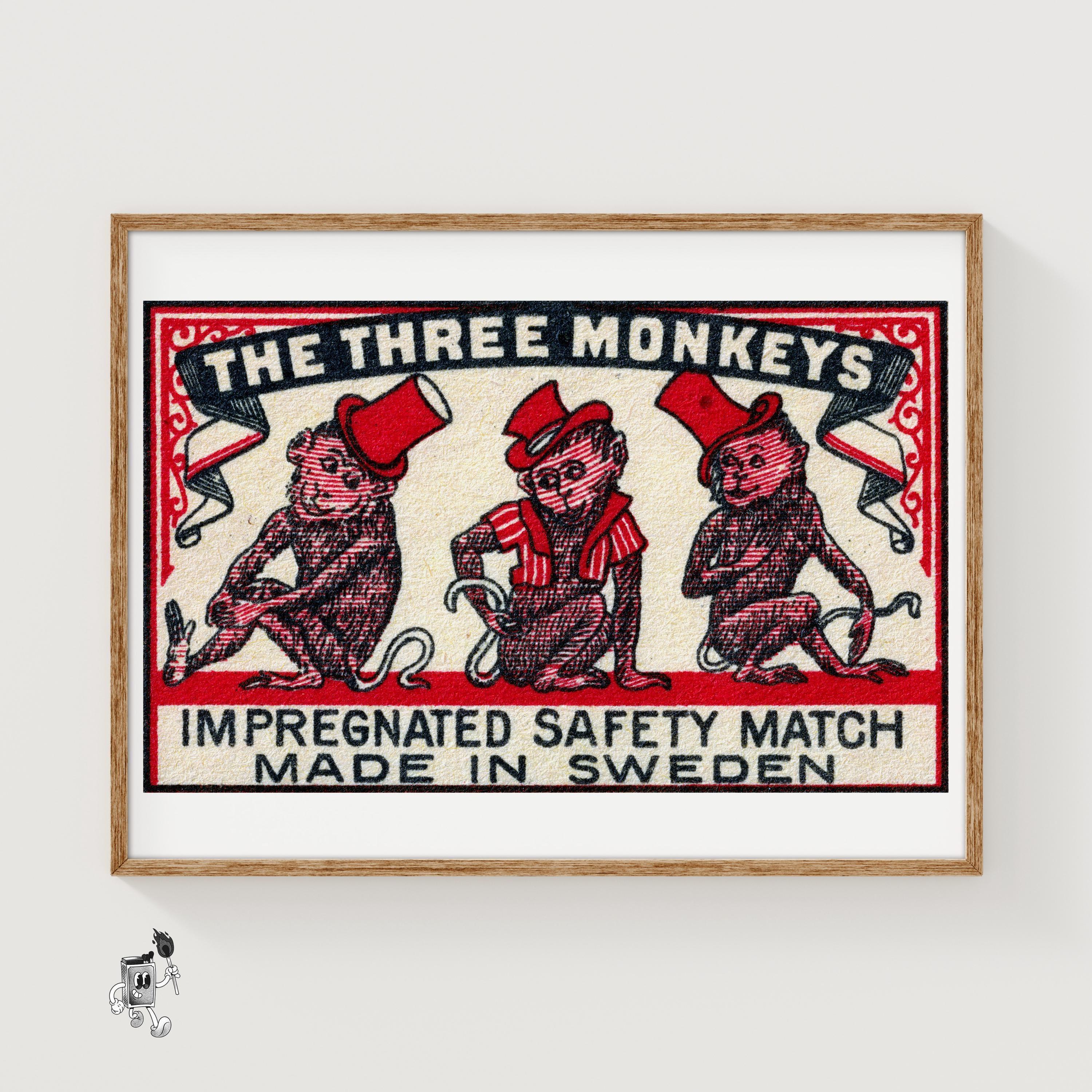 Three Monkeys Matchbox Art Print, Swedish Vintage Folk Art