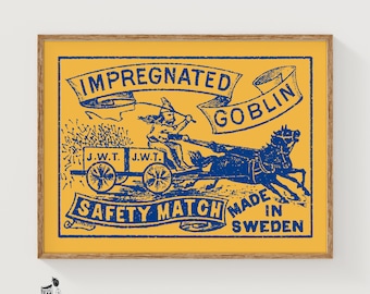 Goblin Riding Cart Matchbox Art Print, Swedish Vintage Folk Art (Playful Decor)