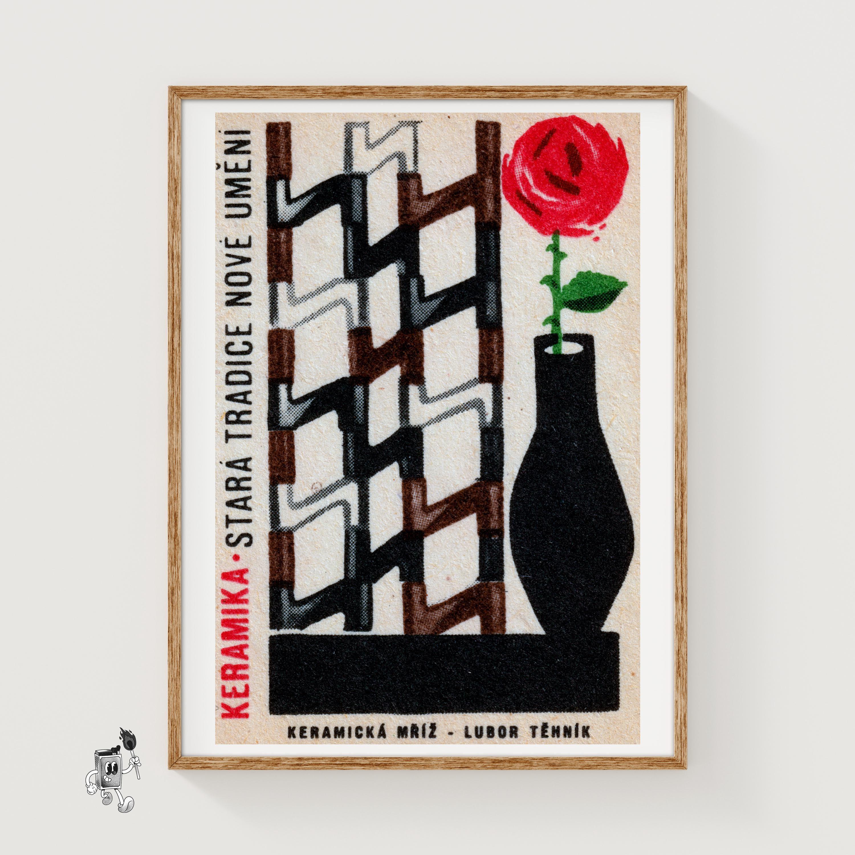 花瓶に入った赤いバラ - マッチ箱プリント - チェコの壁画