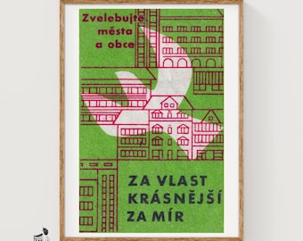 Peace for Beautiful Cities - Matchbox Print - Czech Wall Art - Vintage Czech Art - Matchbox Wall Poster - Vintage Poster Print