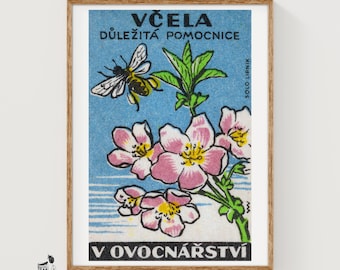Pink Flower Yellow Bee - Matchbox Print - Czech Wall Art - Vintage Czech Art - Matchbox Wall Poster - Vintage Poster Print