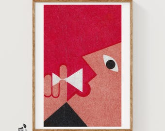May include: A framed art print featuring a stylized graphic illustration of a face in profile. The design uses a bold red background, a peach-toned face, a single black eye, and a white triangular shape held by a hand near the mouth.