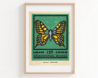 Fjäril Vintage Grön Gul Vintage Matchbox Etiketttryck, Vintage Utskrivbar Väggkonst | Digital Nedladdning