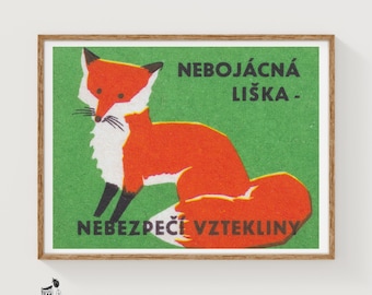 Red Fox Matchbox Art Print, Czech Vintage Folk Art (Office Decor)