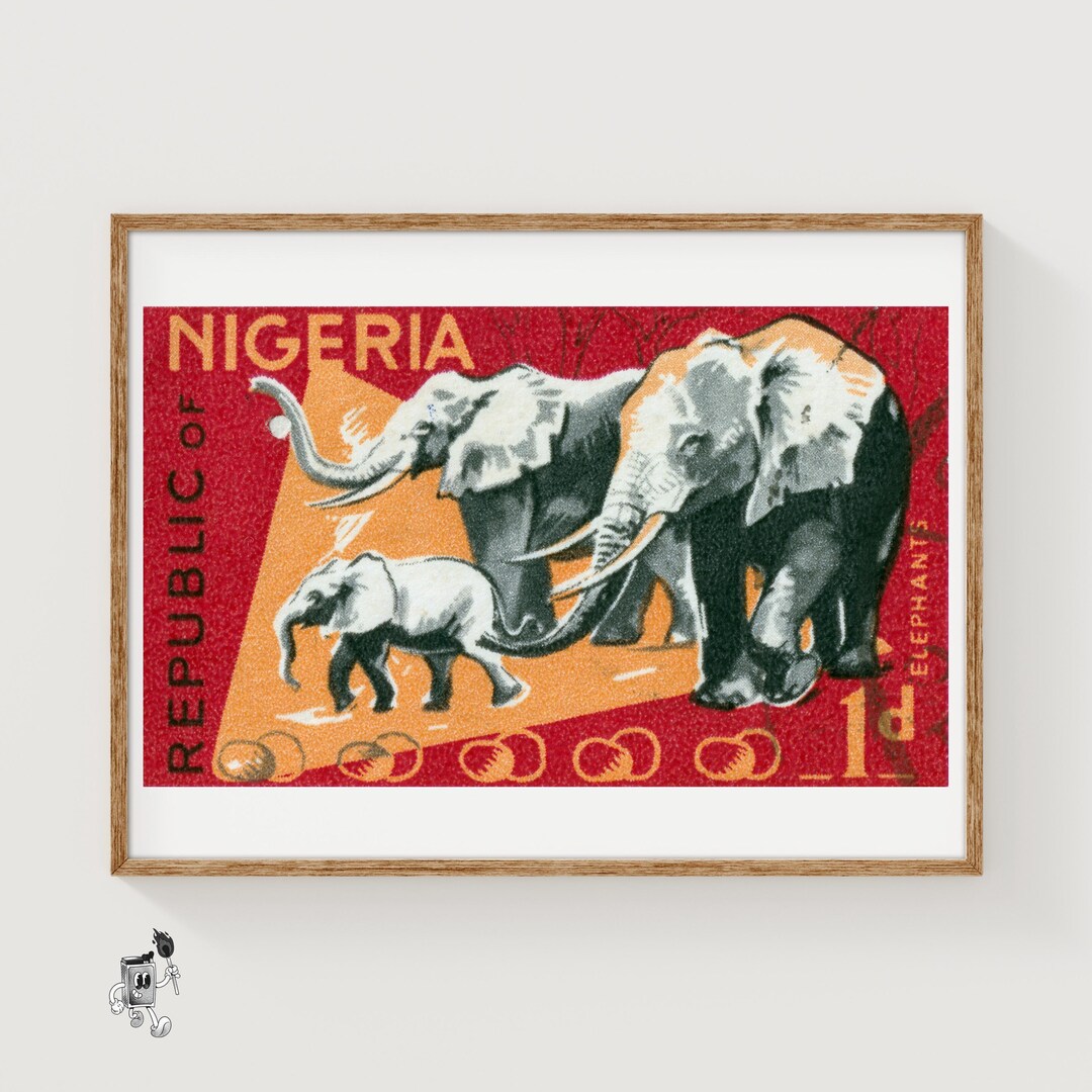 Herd of Elephants - Vintage Nigeria Art - Postage Stamp Print ...