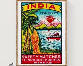 Halverwege de eeuw luciferlabel palmbomen India - vintage kunstafdruk | Volkskunst