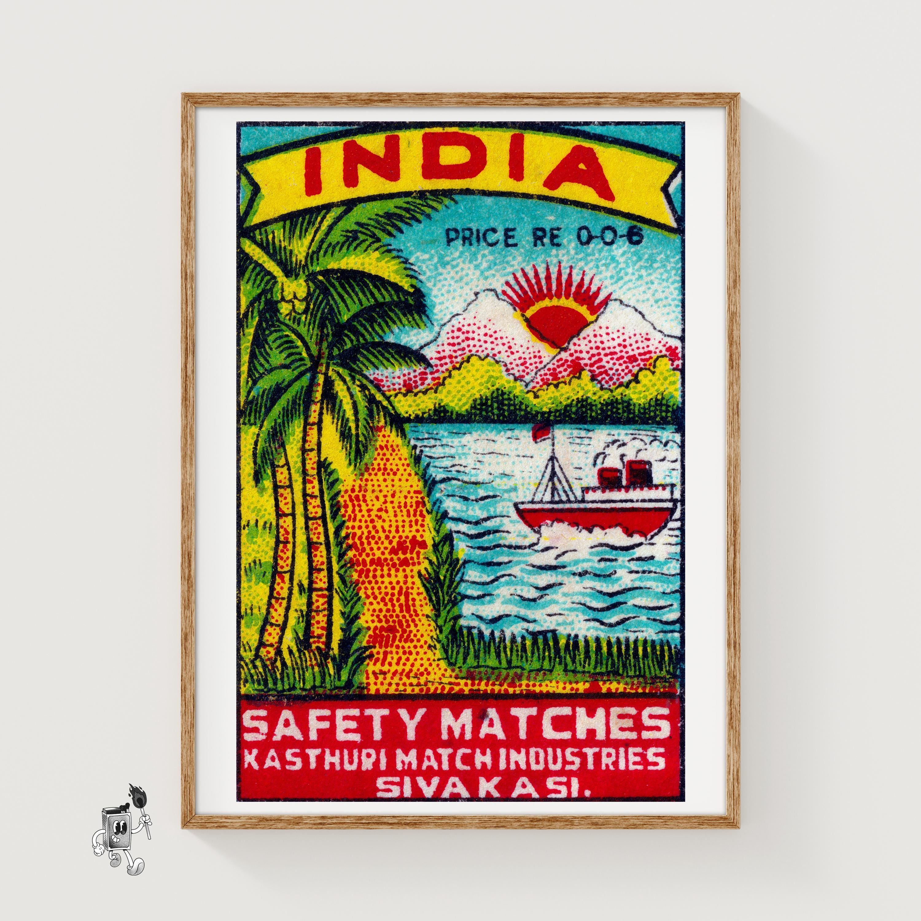 Palm Trees India Mid-century Matchbox Label - Vintage Art Print