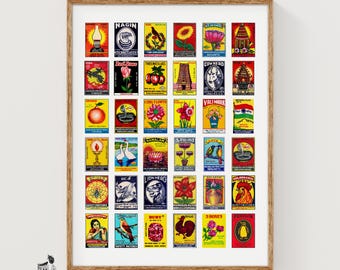 Tamil Matchbox Label Collage Print, Grid Poster, Vintage Graphic Ephemera, Multicolour Palette, 20th Century