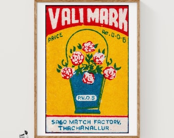Basket of Flowers Matchbox Art Print, Indian Vintage Folk Art (Floral Decor)