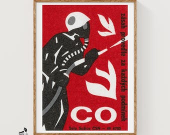 Firefighter Matchbox Art Print, Czech Vintage Constructivist (Industrial Decor)