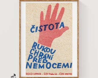 Clean Hands Prevent Disease Matchbox Art Print, Czech Vintage Propaganda (Bathroom Decor)
