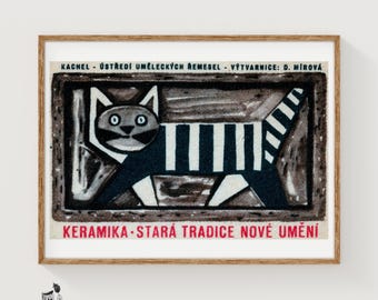 Black Striped Cat - Matchbox Print - Czech Wall Art - Vintage Czech Art - Matchbox Wall Poster - Vintage Poster Print