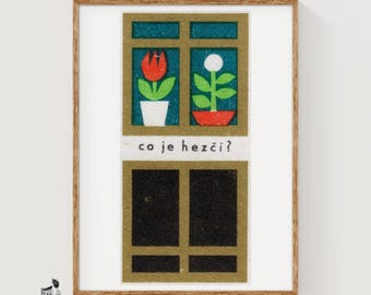 Twee potplanten, één Tsjecho-Slowakije, jaren 60-70 luciferdoosje - vintage kunstafdruk | Volkskunst