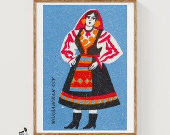 Donna moldava - Stampa di una scatola di fiammiferi - Arte murale estetica - Arte vintage dell&#39;Europa orientale - Poster da parete di una scatola di fiammiferi - Stampa di poster vintage