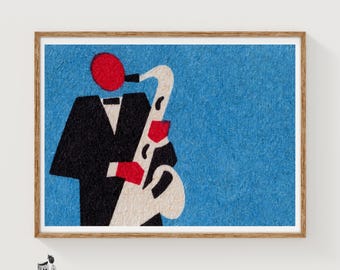 Saxophone Player Matchbox Art Print, Czech Vintage Modernist (Music Room Decor)