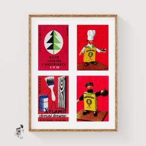 Röda polska tändsticksasketiketter rutnätstryck, vintage efemeraposter, språksamling, typografifokus, karmosinröd väggkonst