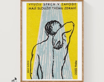 Showering Serves Your Health - Matchbox Print - Czech Wall Art - Vintage Czech Art - Matchbox Wall Poster - Vintage Poster Print