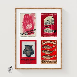 Czerwono-beżowe etykiety na pudełka zapałek, plakat z grafiką w kratkę, kolekcja międzynarodowa, styl Midcentury, szkarłatna sztuka ścienna